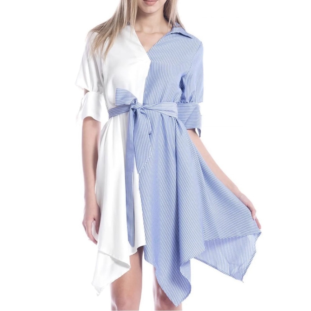 I:NA blue & white colorblock striped asymmetrical hem tie waist shirt dress NWT
